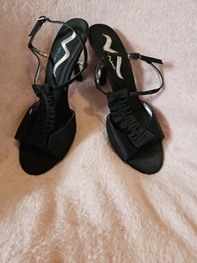 Nina Black Ruffle-Strap Open-Toe Heels